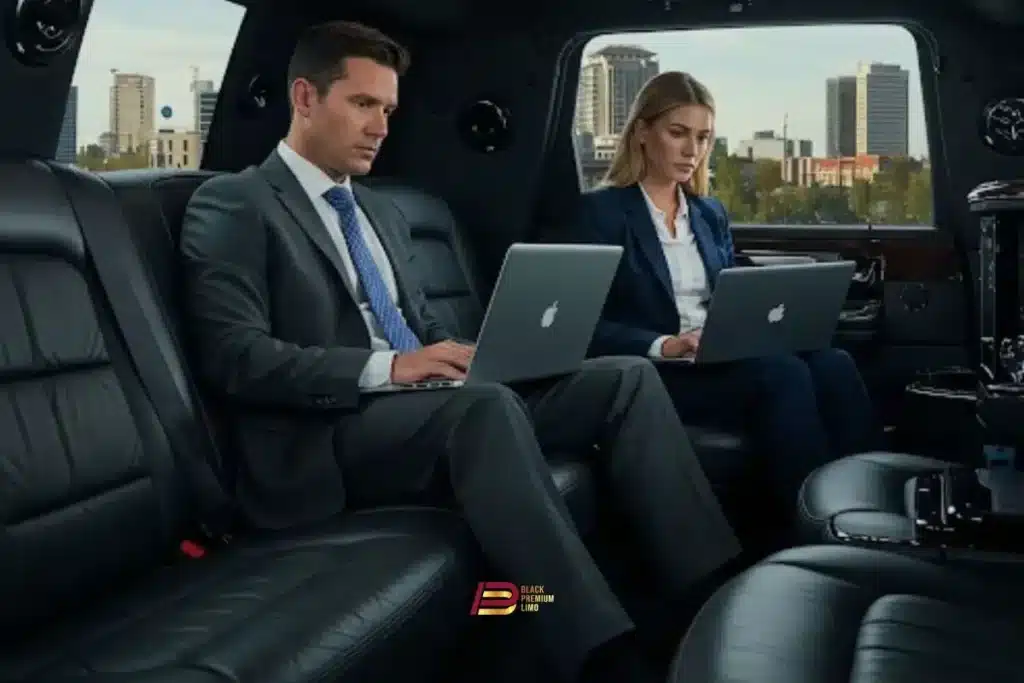 Corporate Limo Service Mississauga Executive Travel by Black Premium Limo Two business professionals, a man and a woman, working on laptops in the spacious, luxurious black leather interior of a limo, ideal for productive corporate limo service in Mississauga provided by Black Premium Limo.
