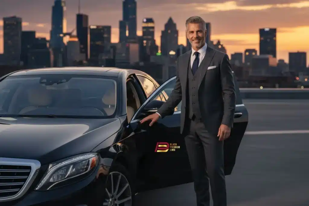 Black Premium Limo Our Mission Professional Chauffeur Service A smiling, distinguished chauffeur in a dark suit standing beside a luxurious black Mercedes-Benz sedan with a city skyline at sunset in the background, representing Black Premium Limo service in mississauga, GTA and Ontario mission for professional, elegant, and high-quality transportation service.