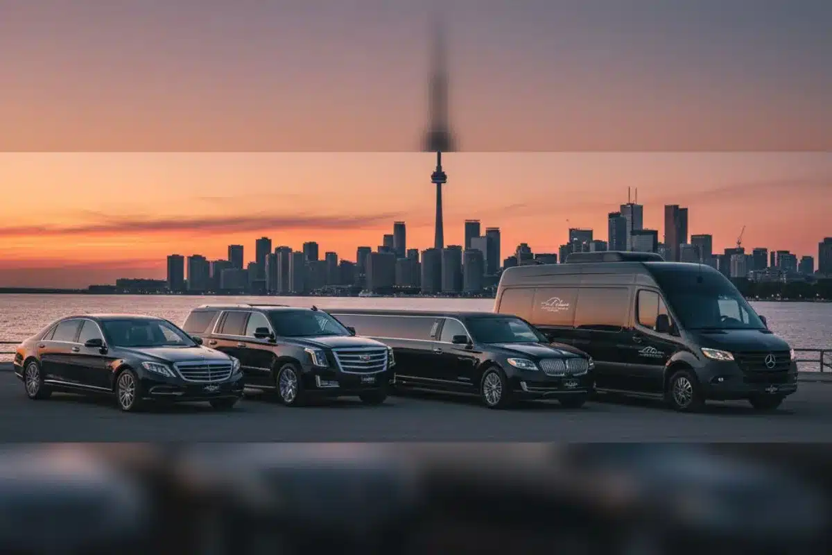 Black Premium Limo fleet including sedan, SUV, stretch limousine, and sprinter van, Toronto waterfront at sunset, luxury cruise ground transportation
