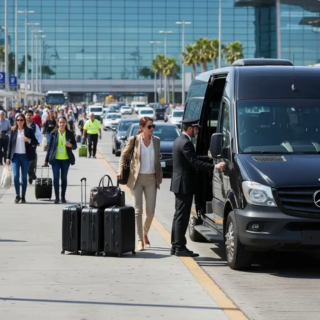 Professional chauffeur loading luggage into sprinter van at cruise terminal, family ready for boarding, sunny day, Black Premium Limo service