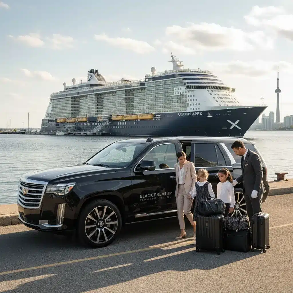 Black Premium Limo luxury Cadillac Esclade SUV parked at Toronto Port cruise terminal, chauffeur opening door for family with luggage, waterfront and cruise ship in background