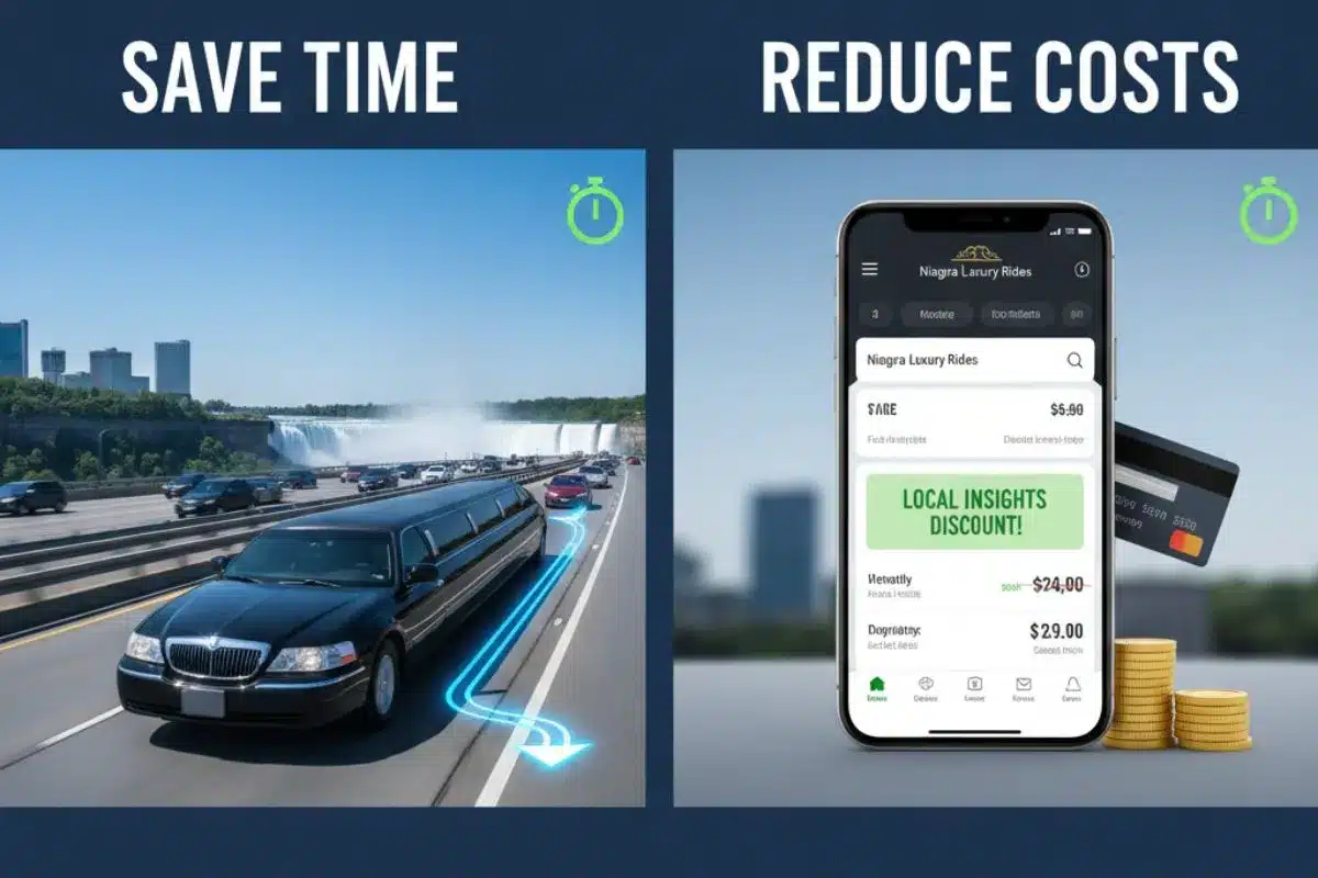 A split image showing a black stretch limousine driving on a highway near a waterfall on one side, and a smartphone displaying a price discount next to stacks of coins on the other.