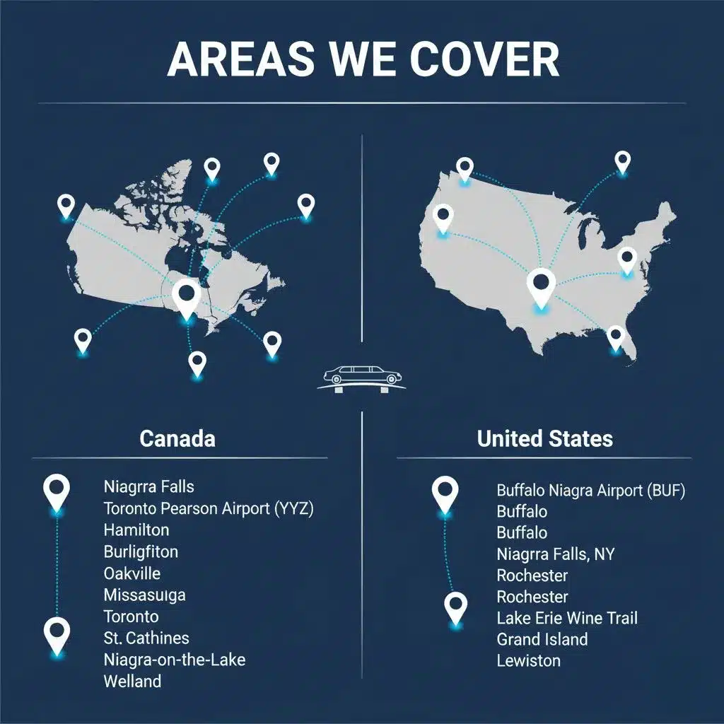 A graphic showing a map of Canada and the United States with pins indicating various cities and regions served by the limousine company.