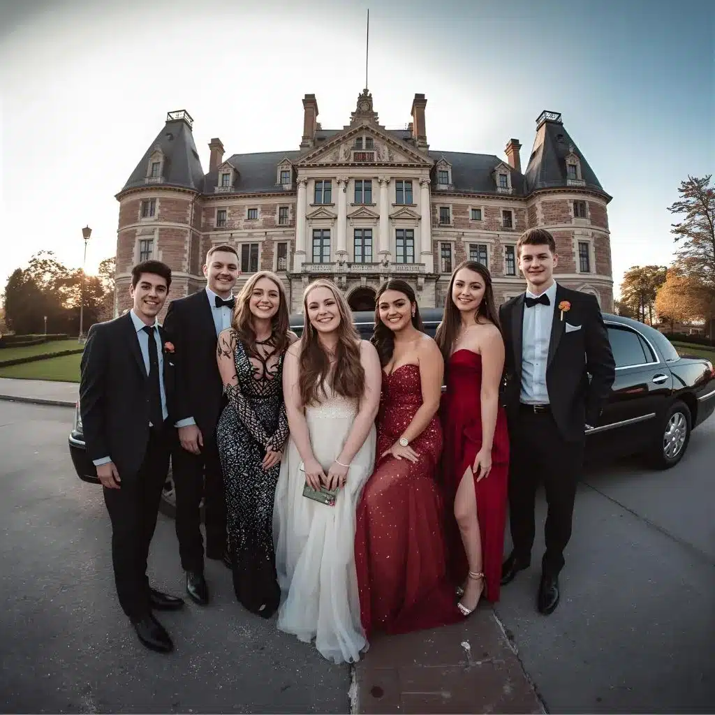 Students at front of a luxury limousine for prom night