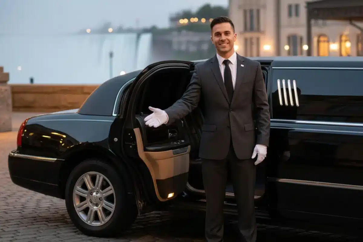 A professional chauffeur wearing a suit and white gloves standing by an open black limousine door with Niagara Falls visible in the background.