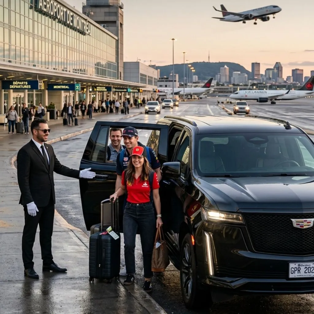 Black Cadillac Escalade airport pickup in Montreal for Canadian Grand Prix fans with chauffeur assisting passengers outside Montréal–Trudeau Airport