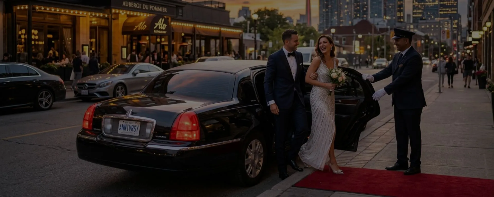 Couple celebrating their anniversary with a luxury limousine service in Toronto provided by Black Premium Limo.
