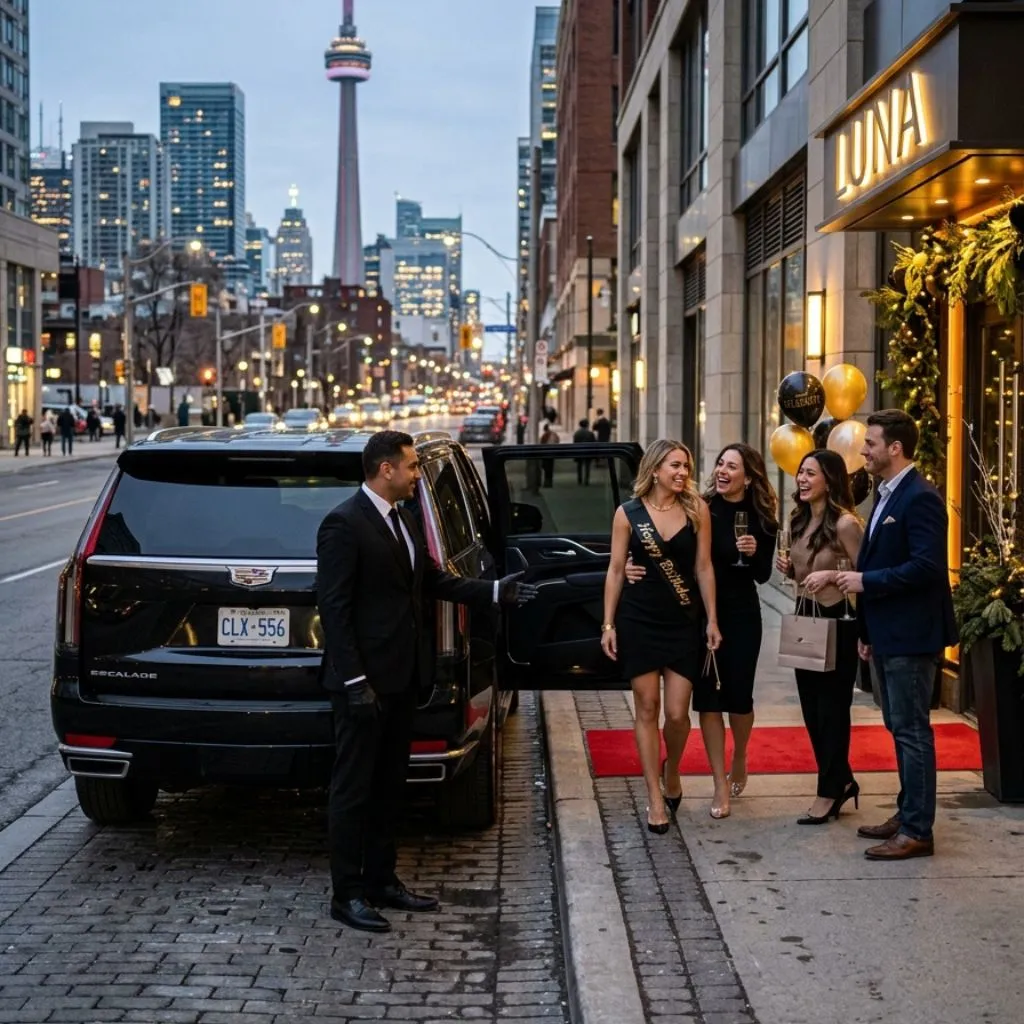 Luxury-Birthday-Transportation-Service-Toronto Professional chauffeur and luxury SUV providing birthday transportation service in Toronto for a special celebration.