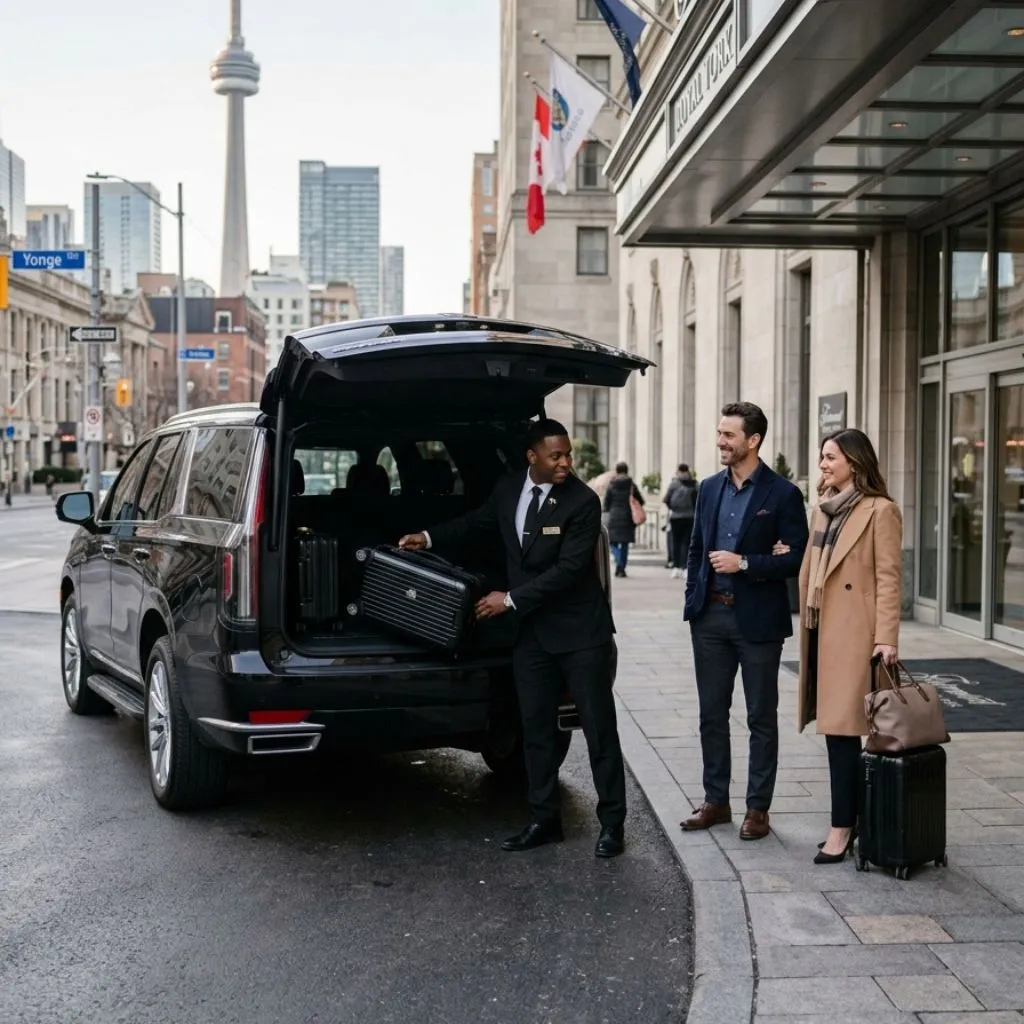 Private limo from Toronto to Buffalo Airport with chauffeur helping passengers with luggage