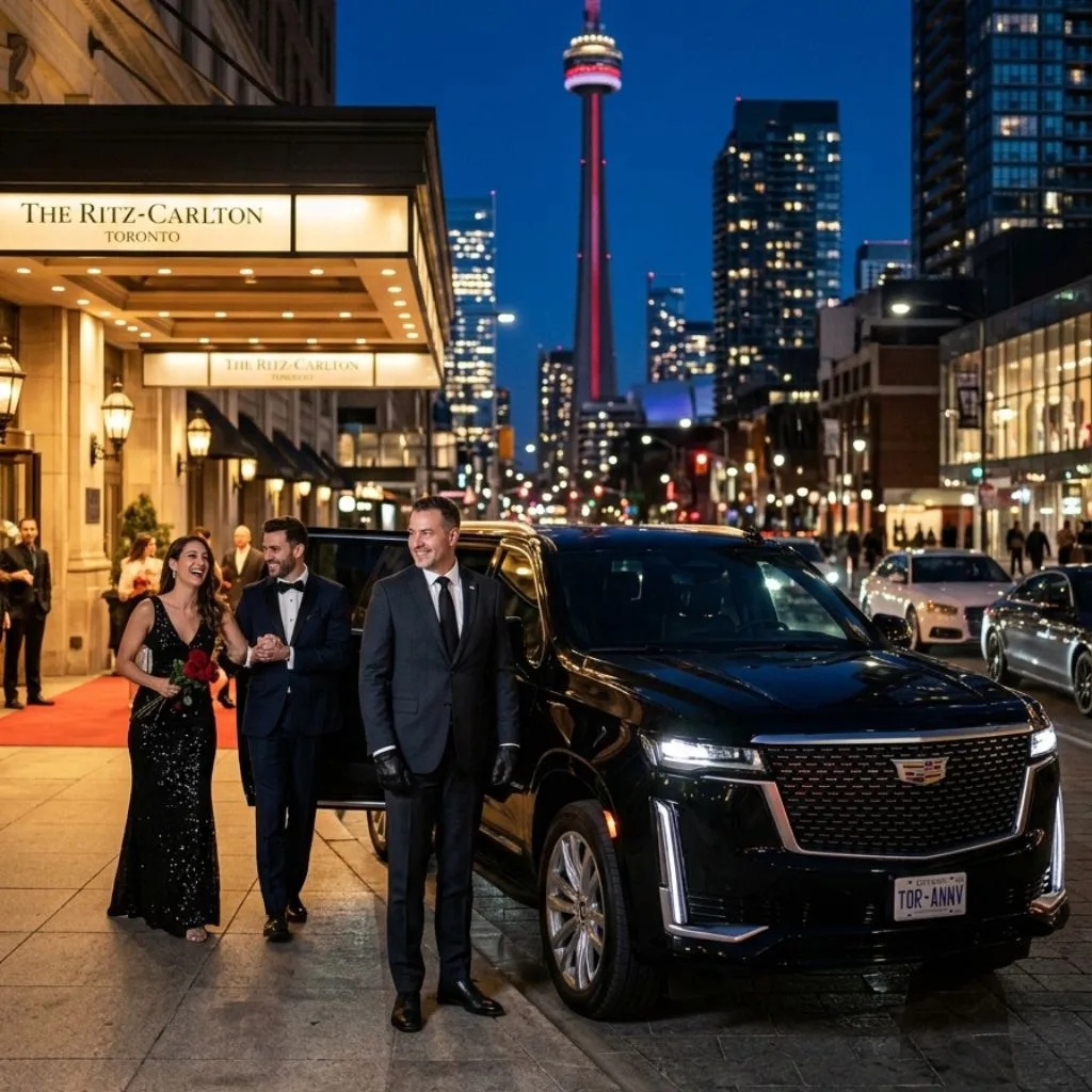 Professional-Anniversary-Chauffeur-Service-Toronto Professional chauffeur and luxury SUV providing anniversary transportation service in Toronto for a couple celebrating a special occasion.